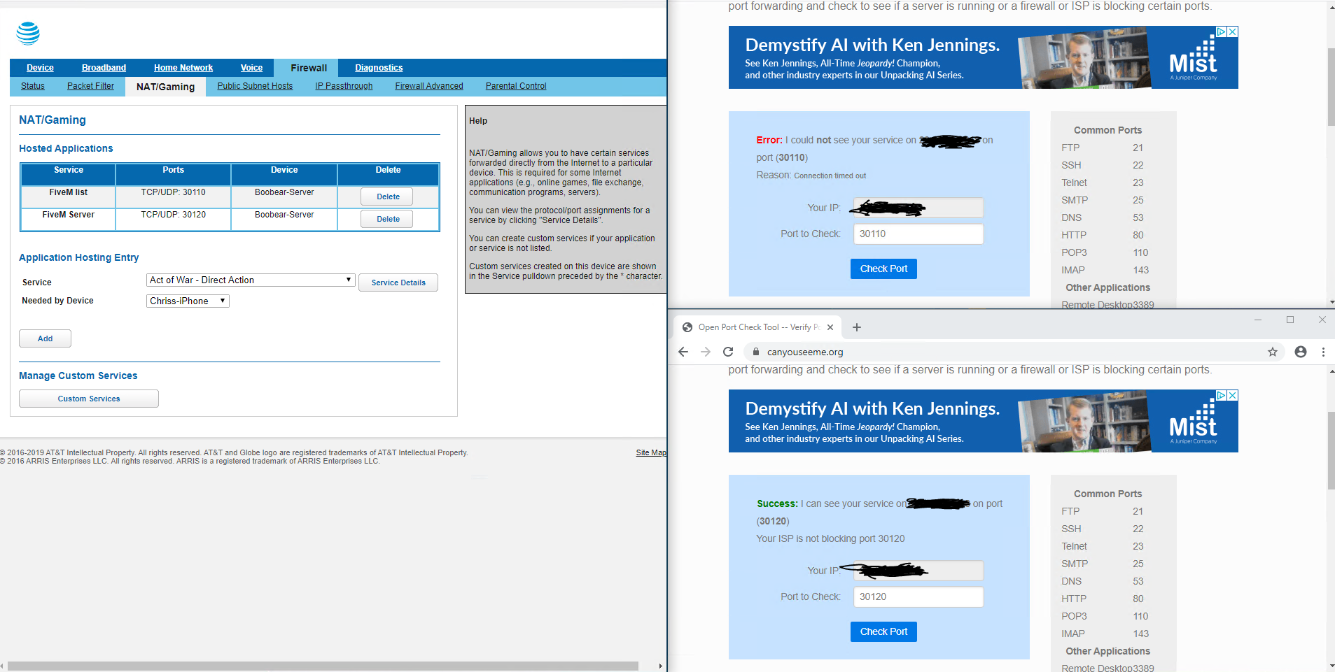 Issues with port forwarding 30110 on a home hosted server - Server 