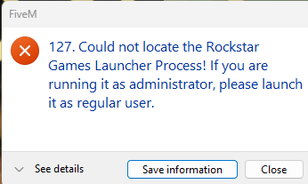 FiveM stuck on Could not locate the Rockstar Games Launcher Process