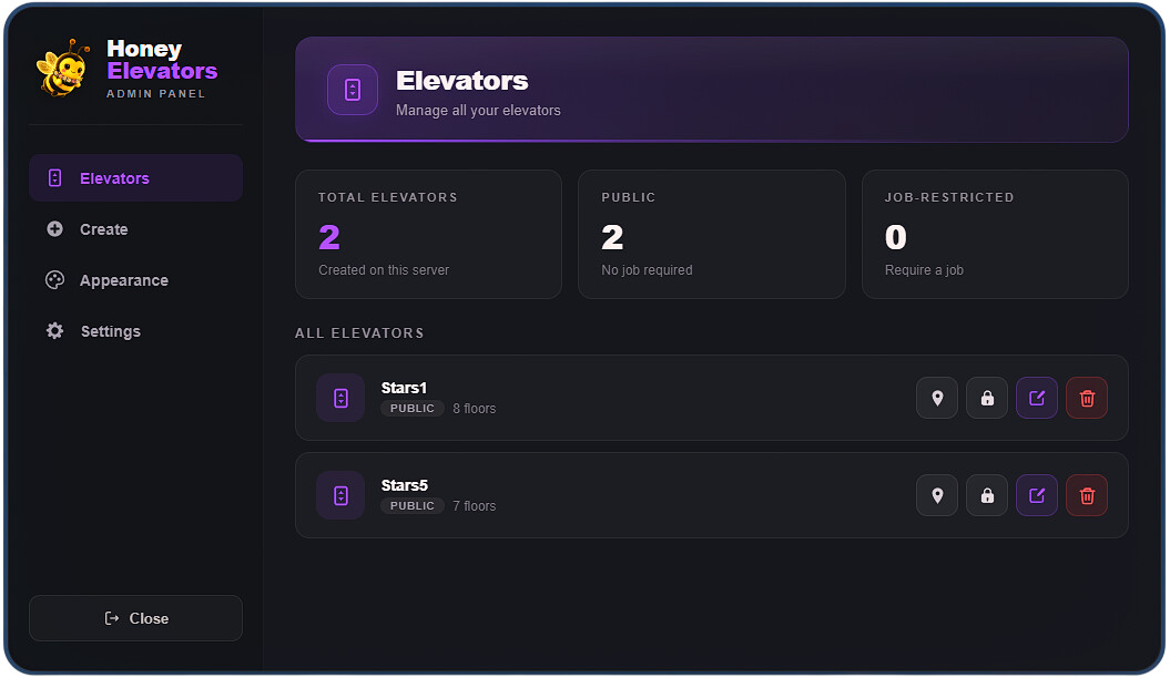 [免费] [ESX/QBCore/QBox] Honey Elevators — 带管理面板的高级电梯脚本