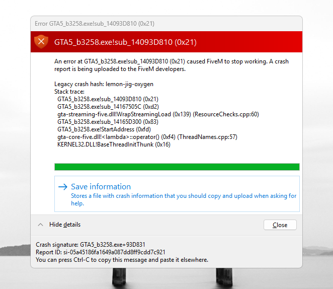 Crash error code GTA5_b3258.exe!sub_14093D810 (0x21) RedM Client