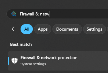image of windows search showing firewall & network protection